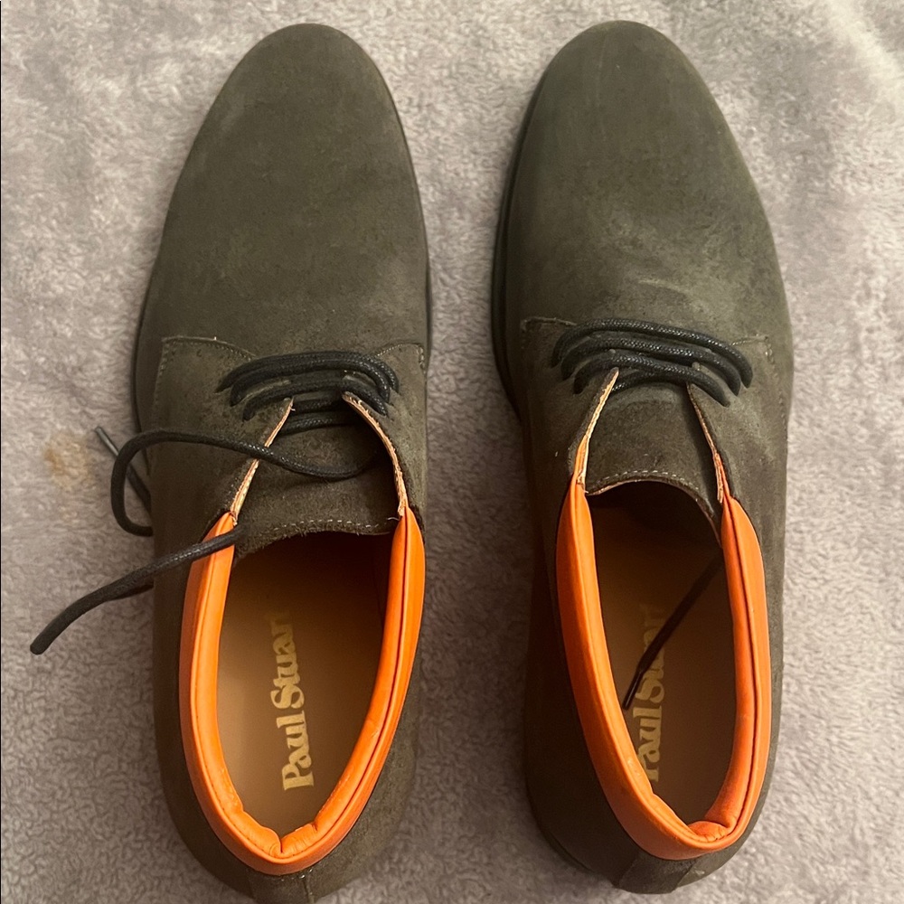 Men's Paul Stuart Olive Suede Lace-Up Shoes with Orange Trim